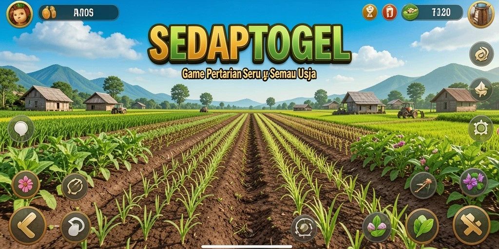 Screenshot gameplay SEDAPTOGEL menampilkan pertanian yang sibuk dan tanaman yang subur.