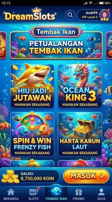 Tampilan antarmuka pengguna aplikasi dreamslots yang menarik.